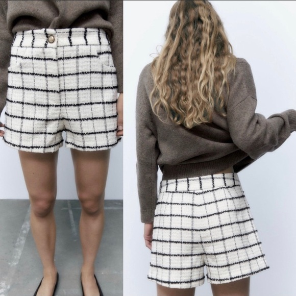 ZARA Tweed Black and White Window Pane High Waist Shorts NWT - Picture 3 of 9